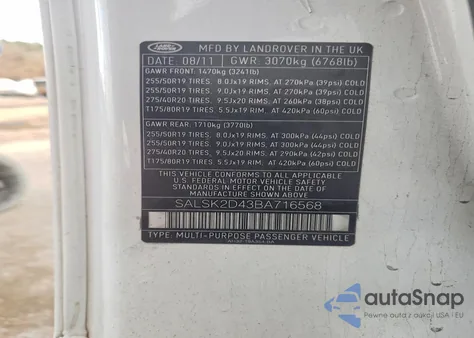 2011 Land Rover Range Rover Sport Lux z USA, uszkodzony, nr VIN SALSK2D43BA716568